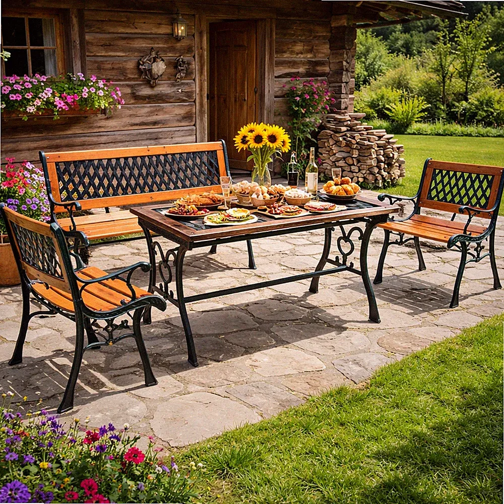 4tlg Gartenmöbel Set Gartengarnitur Outdoormöbel Gusseisen Bank Tisch2x Stuhl