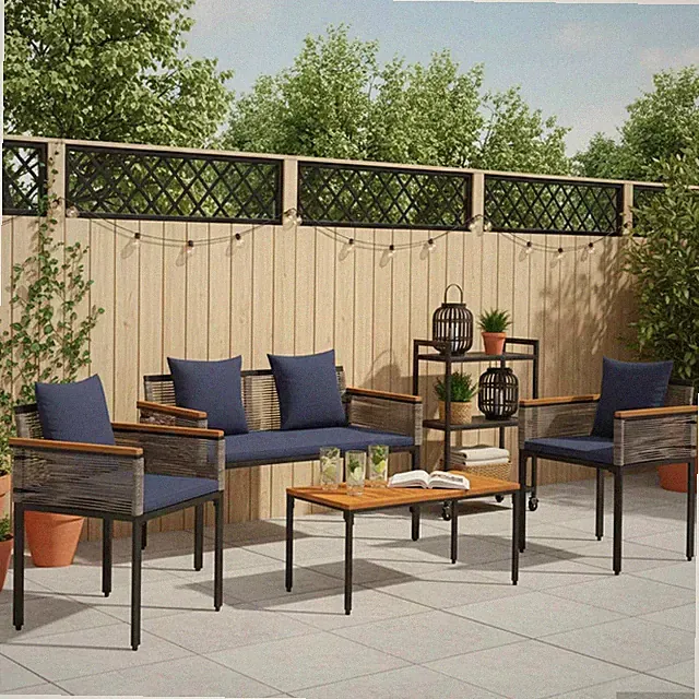 4tlg Gartenmöbel Set Rattan Lounge Sitzgruppe Garten Terrasse Kissen Dunkelblau