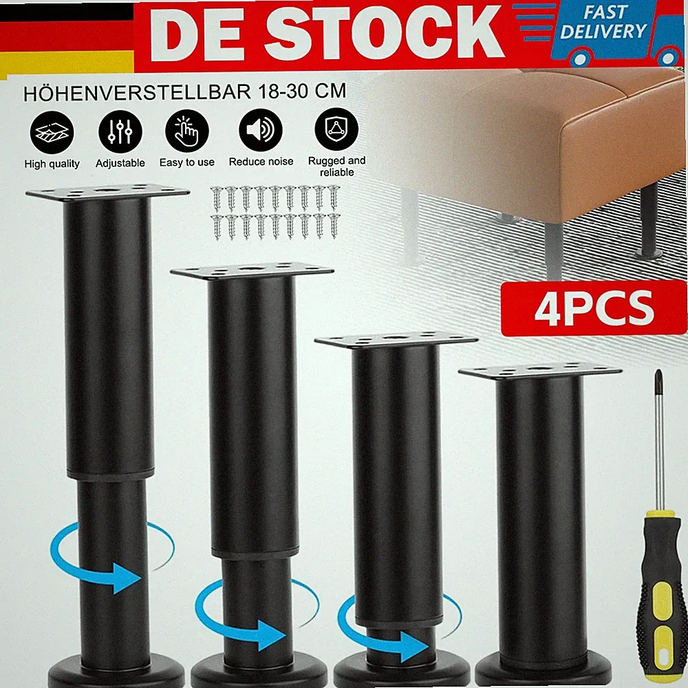 4x Metall Möbelfüße Höhenverstellbar 18-30cm mit Schrauben für Bett Sofa Schrank