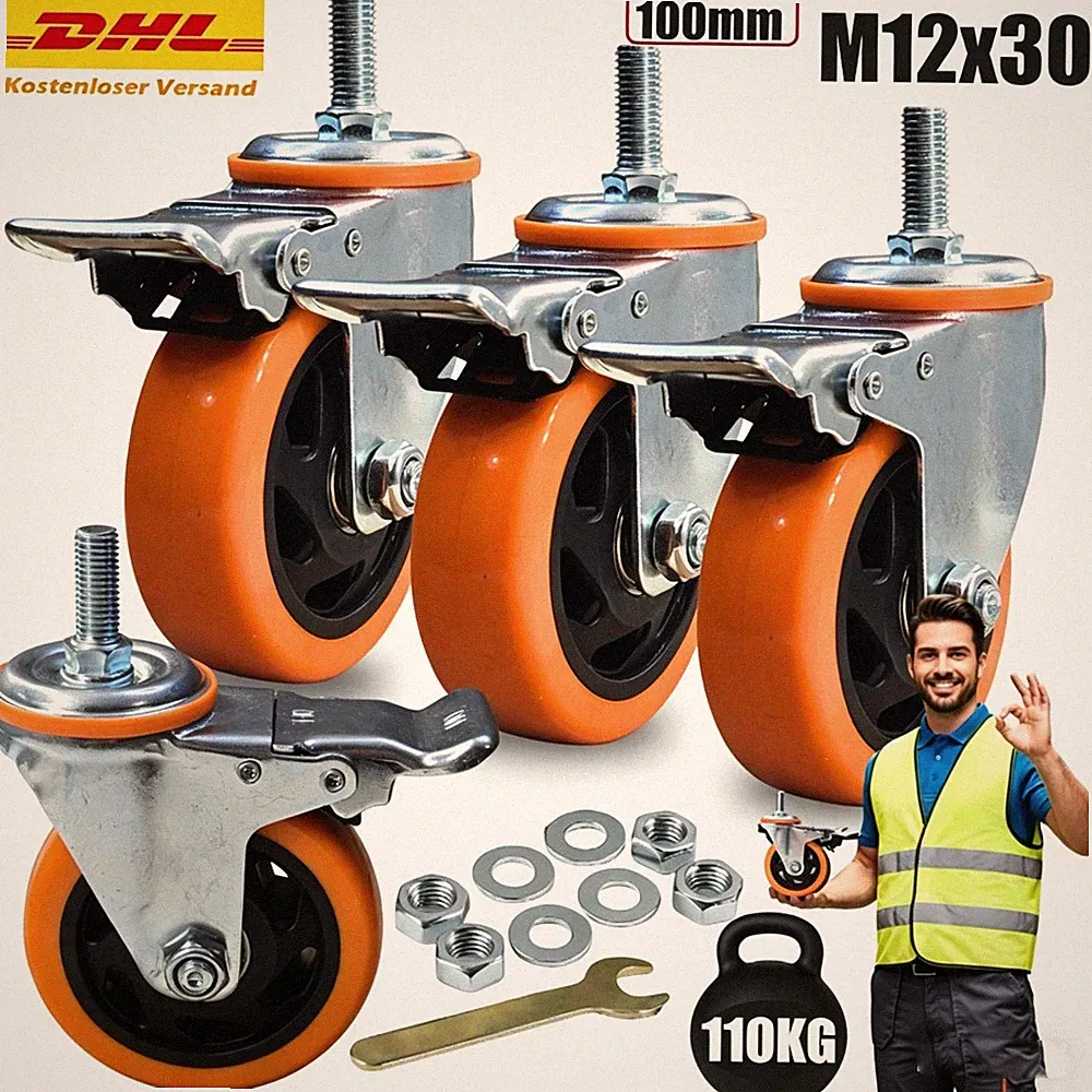 4x Schwerlastrollen Für Möbel 100mm Transportrollen Lenkrollen Mit Bremse 110KG