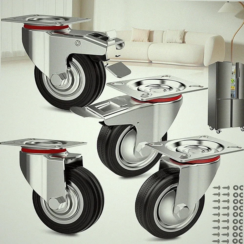 4x Transportrollen 75mm Schwerlastrollen mit Bremsen 360° Gummiräder für Möbel