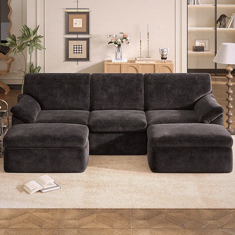 5 sitzer Ecksofa mit Schlaffunktion U-Form Modulares Sofa Cordstoff & Ottomane