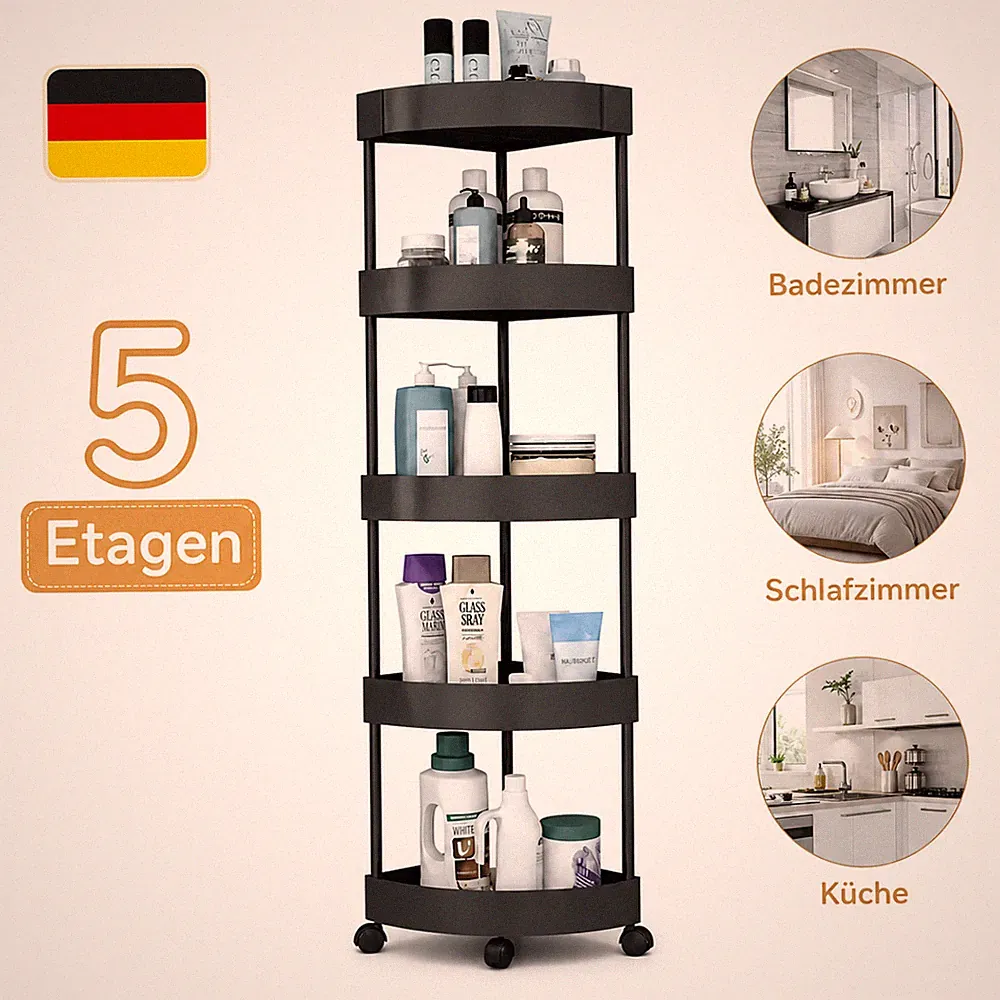 5-stöckig Eckregal 5Ebenen Boden Lagerregal Mit Rädern Kunststoff Badezimmer