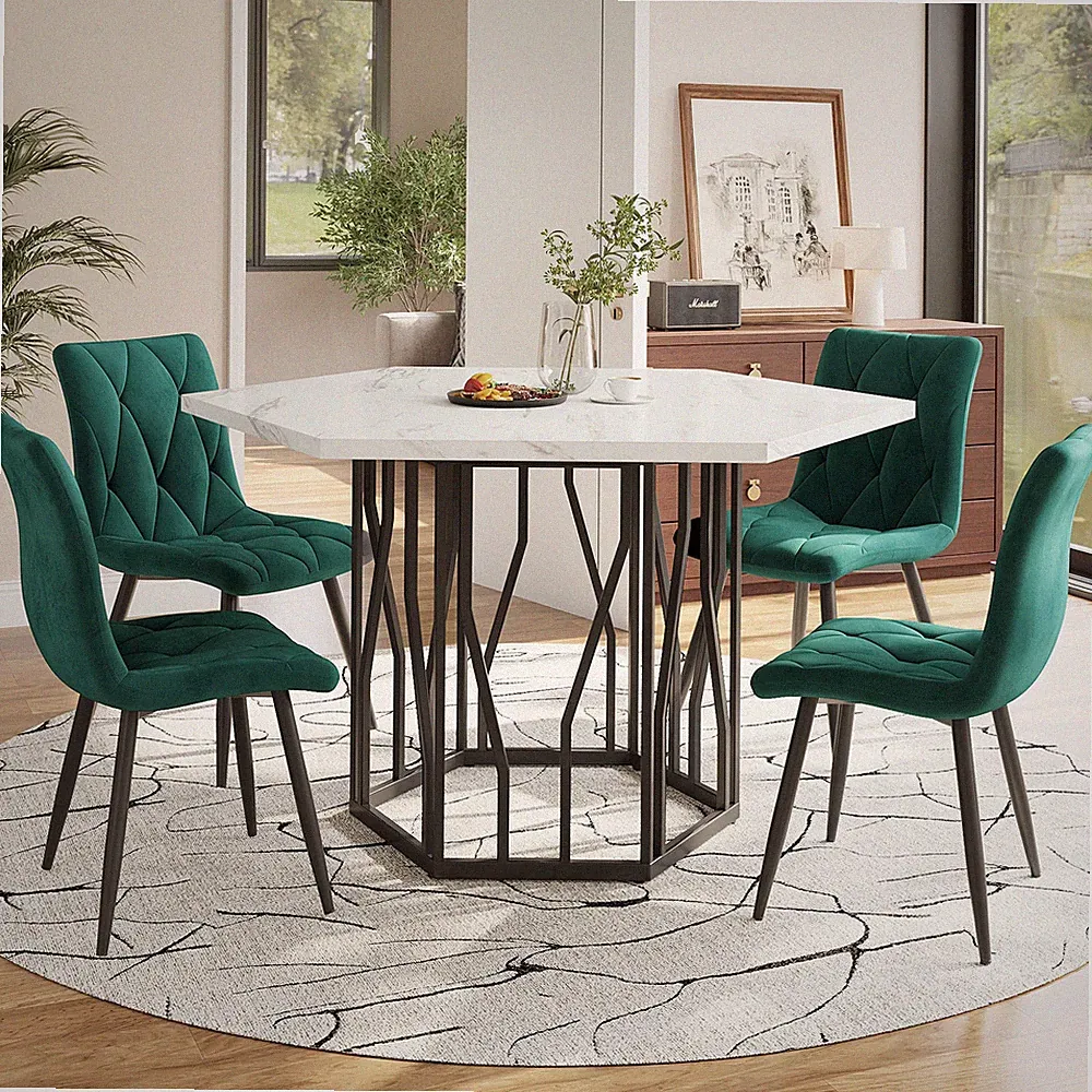 5-teilig Esszimmer Set: Sechseckiger Marmor-Esstisch + 4 Grüne Samtstühle