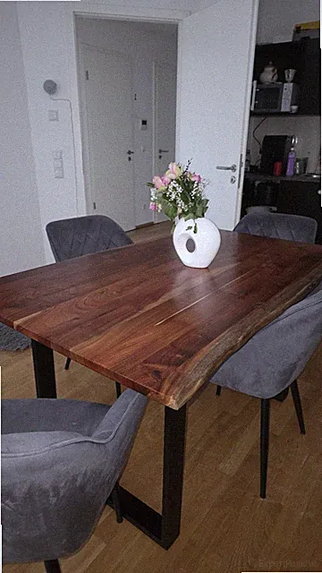 5-tlg. Esstisch-Set rechteckig, dunkle Holzplatte, 4 graue Polsterstühle