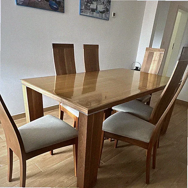 5-tlg. Esstisch-Set rechteckig dunkles Holz, 4 gepolsterte Stühle braun/beige