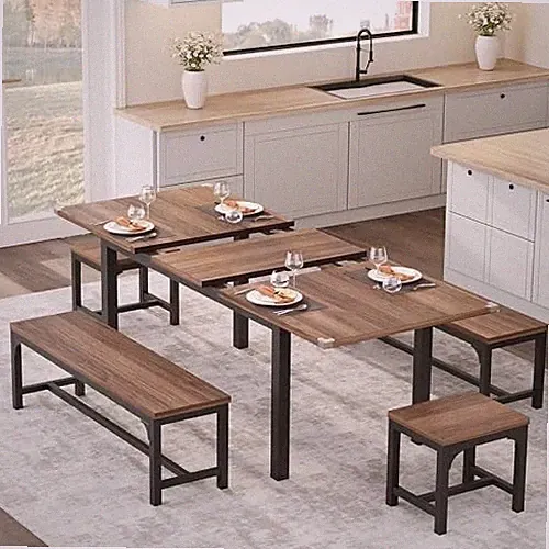 5-tlg Esstisch Stuhl Set Ausziehbarer Esszimmertisch mit 2 Bänken & 2 Stuhl