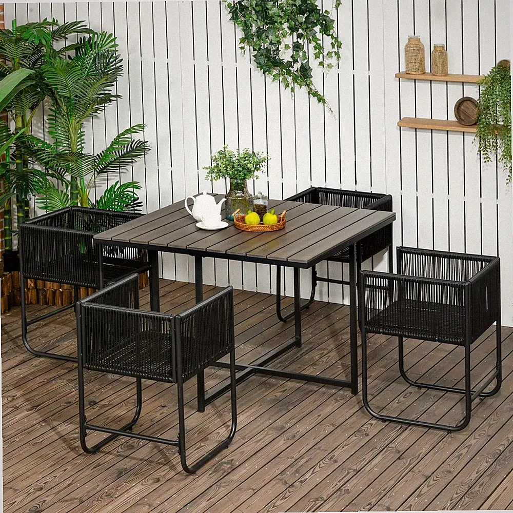 5-tlg. Polyrattan Gartenmöbel Set Esstisch mit 4 Stühlen für Balkon Refurbished