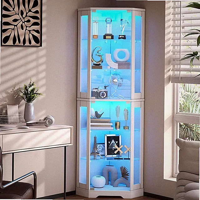 6-stöckige Eckvitrine mit Glas-Regalböden, 71 Zoll Vitrine mit LED-Beleuchtung