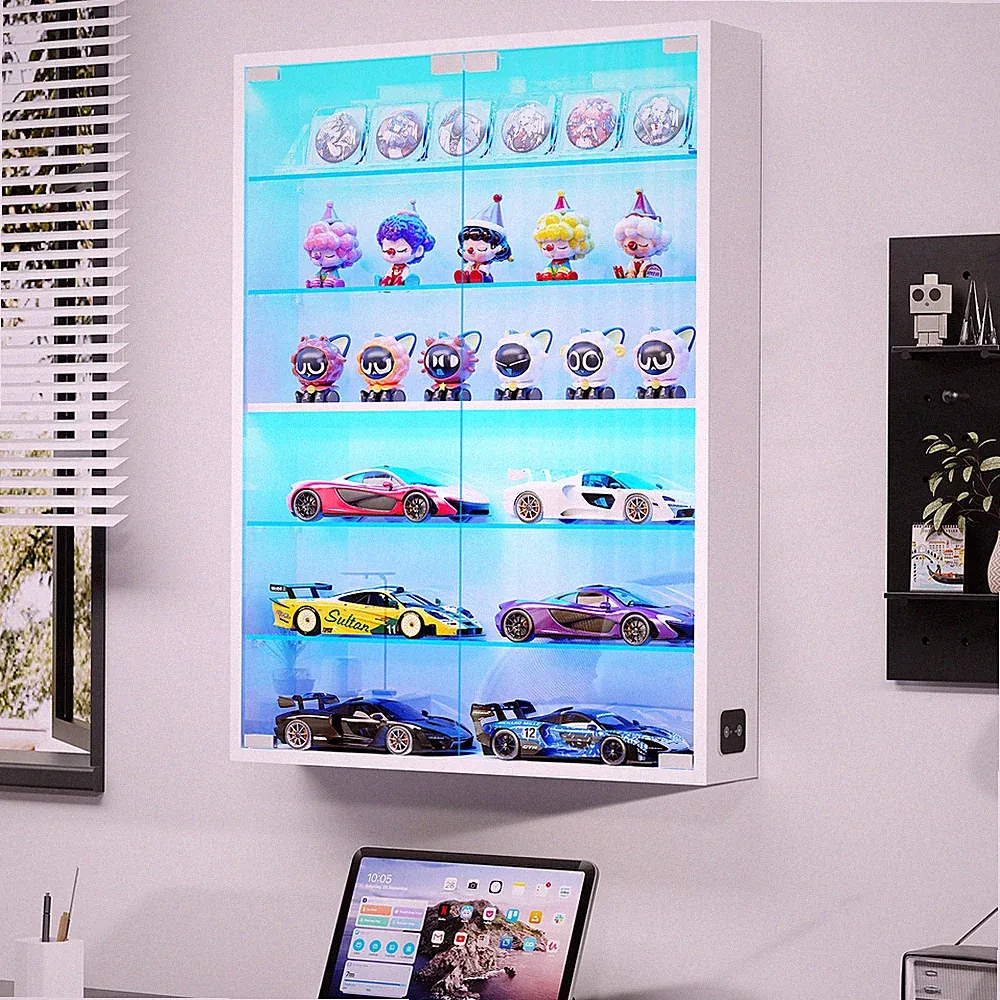 6-stöckige Verstellbare Wandmontage Vitrine Mit Glastüren & 3-Farben LED Licht