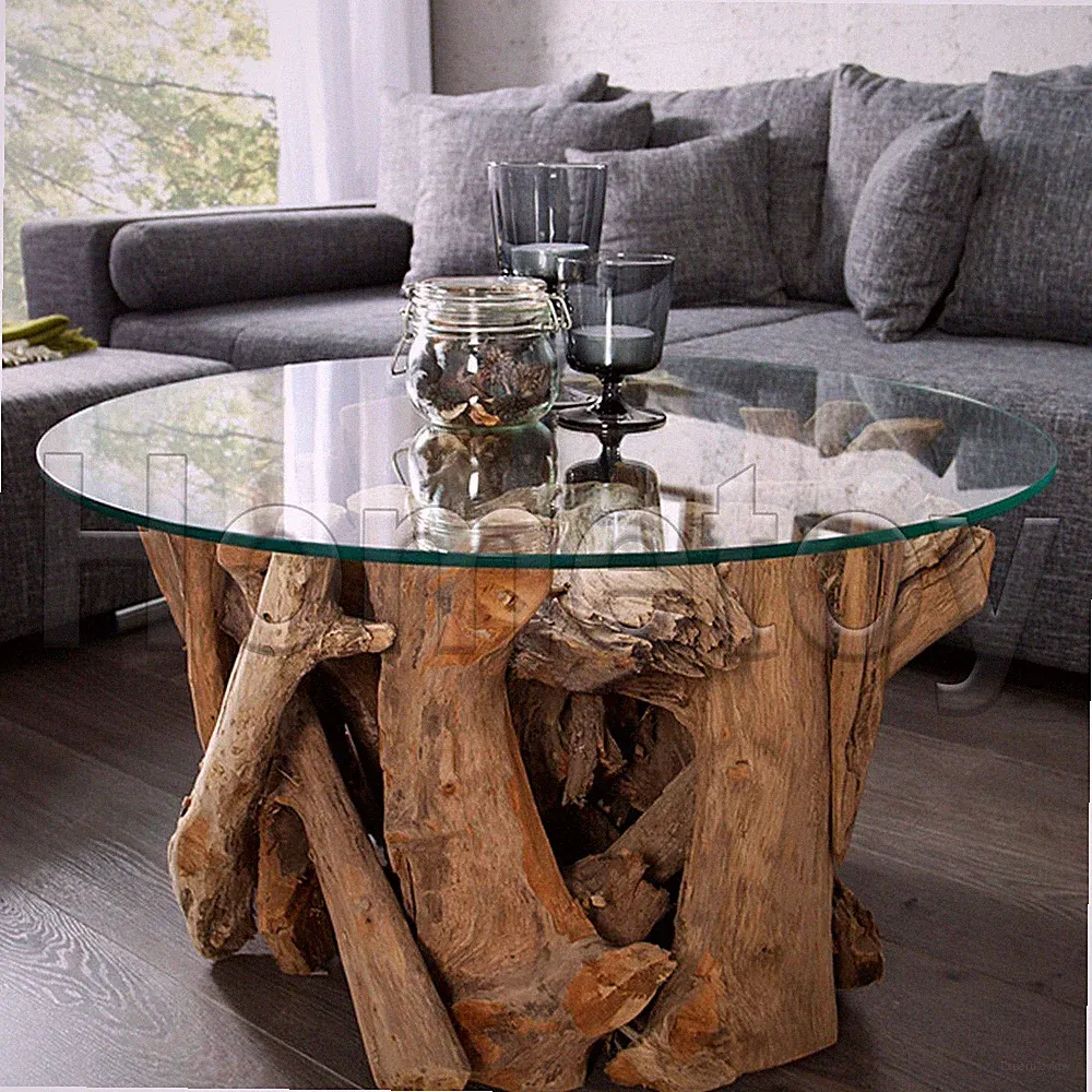 60cm Couchtisch Teak Massiv Holz Beistelltisch Glas Baumstamm Wurzel Natur Möbel