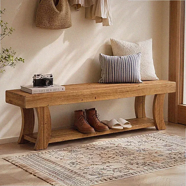 63" moderne Massivholz Eingang Sitzbank mit schmalem Schuhablage Regal für Flur