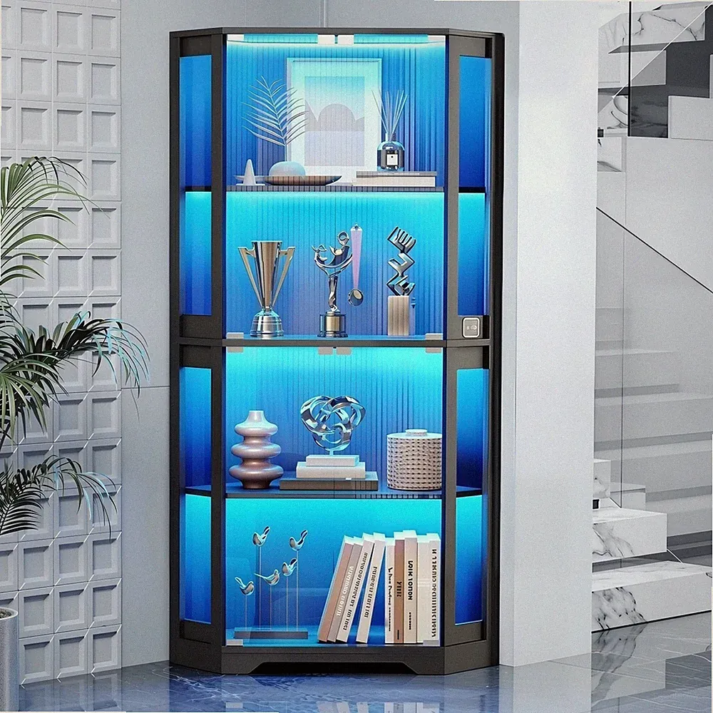 65" Eck Vitrinenschrank mit 3 Farben Beleuchtung, 4-Ebenen Vitrine mit Glastüren