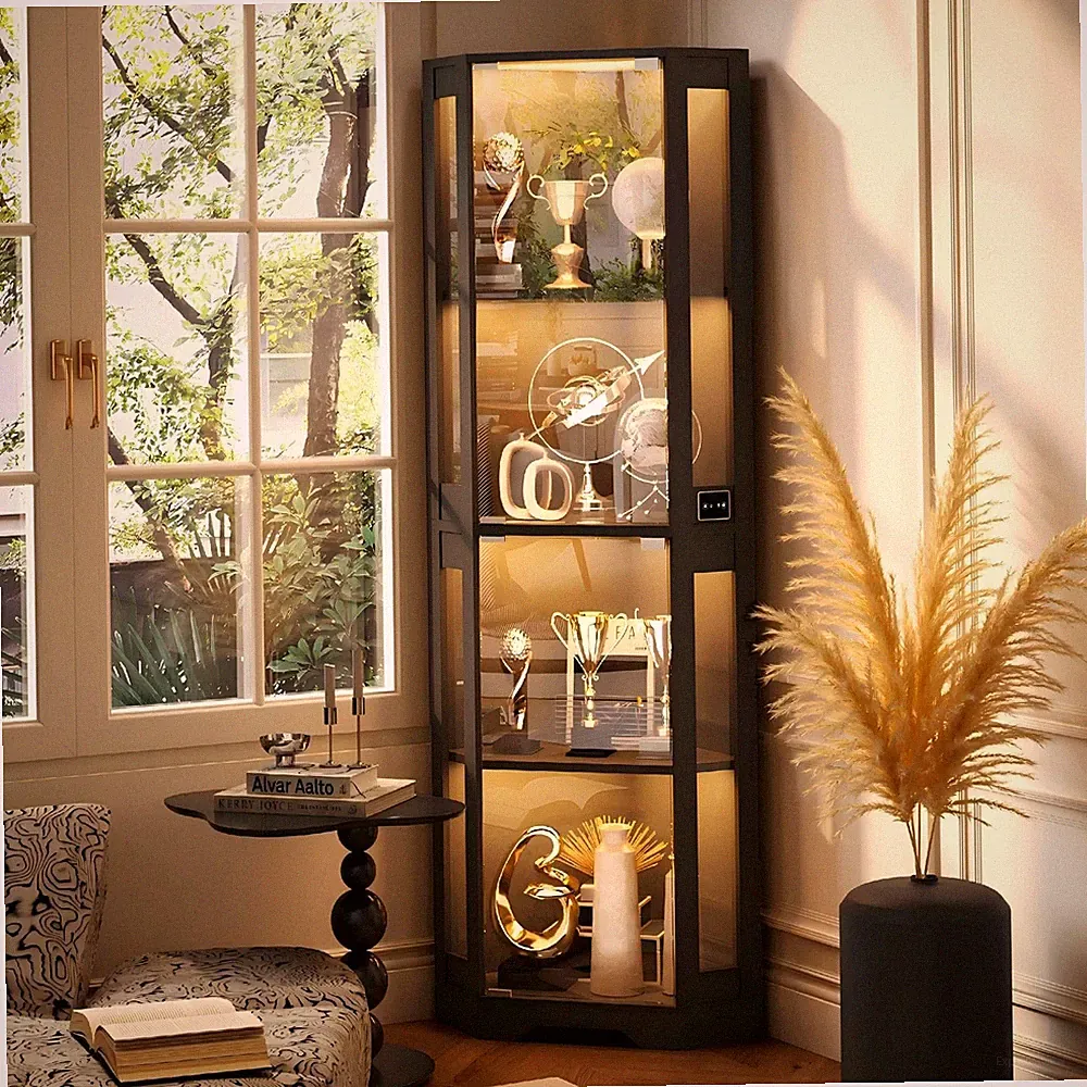 65 Zoll Ecke Glasvitrine mit Pop-up Türen, 4-stufig Kuriositätenvitrine mit LED