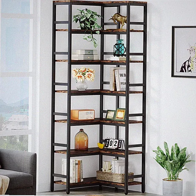 7 Ebenen Eck-Bücherregal, 200cm hohes Bücherregal, industrielles großes Eckregal