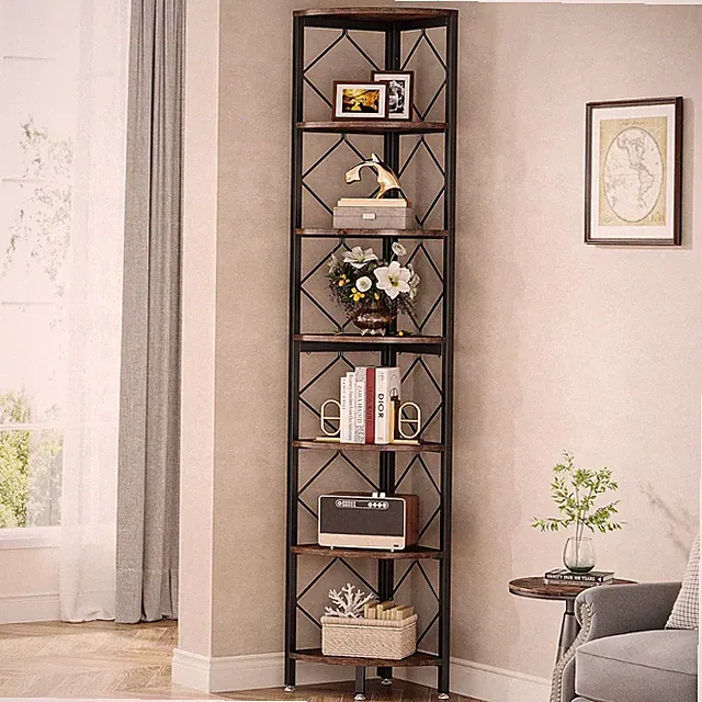 7-Ebenen Industriell Eckregal, 200cm extra hohes Eck-Bücherregal für Wohnzimmer