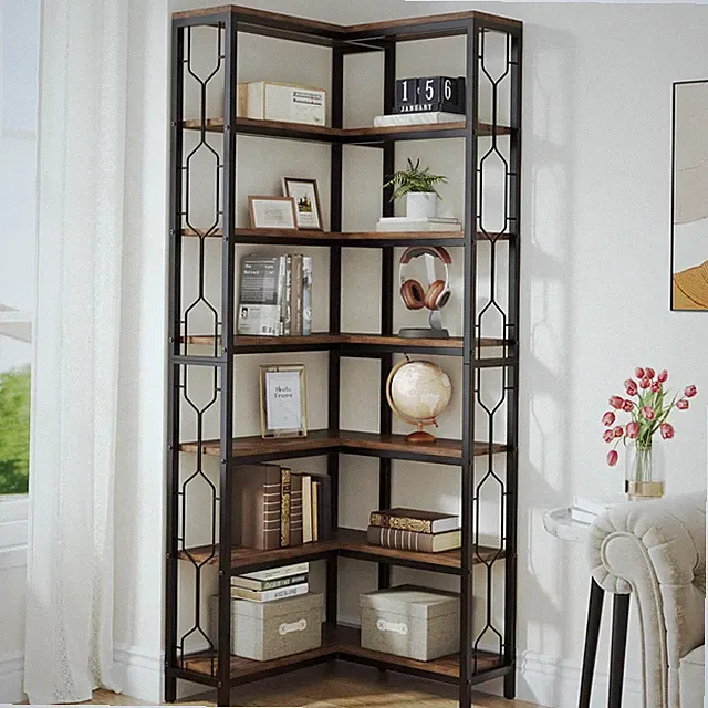 7-stöckiges Industrielles Eckregal, Eckbücherregal aus Holz für Wohnzimmer