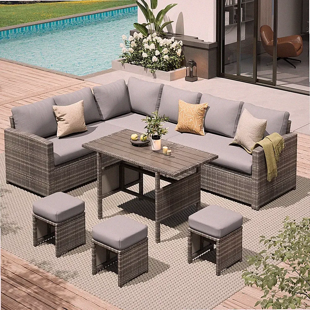 7 teilig Outdoor Ecksofa Sitzgruppe Allwetter Rattan Esstisch Stühle Hocker