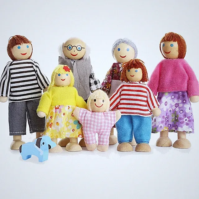 7-teilige Holzpuppenfamilie für Puppenhaus und Kinderspiele