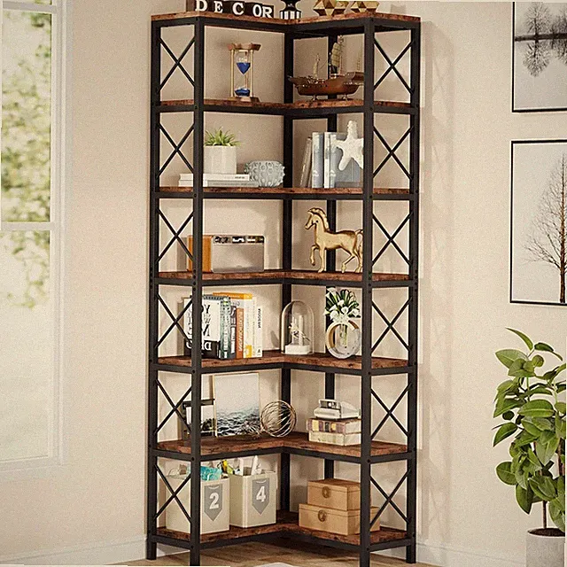 7-Tier Eck-Bücherregal, Höhes Bücherregal, industrielles Großes Eckregal, Braun