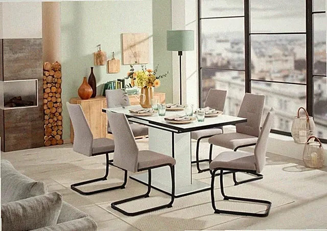 7-tlg. Essgruppe: ausziehbarer Tisch 120-160x80 cm, 6 graue Freischwinger