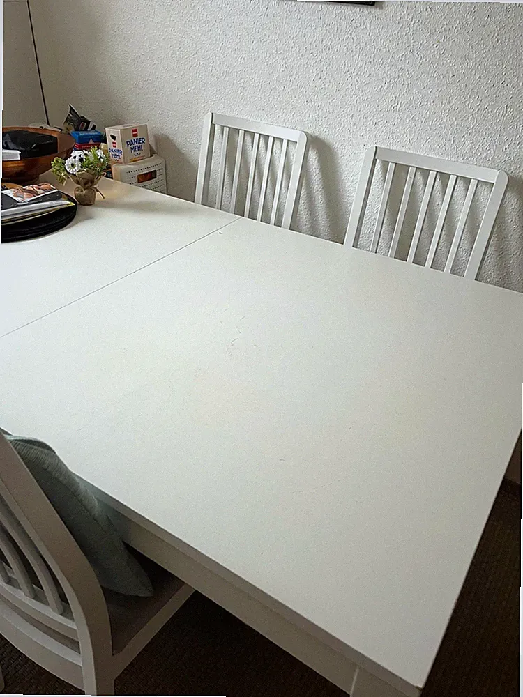 7 tlg. Essgruppe: Esstisch + 6 Stühle weiß, rechteckig 170 cm lang Einlegeplatte