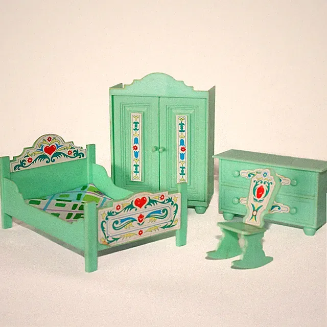 70er Jahre Schlafzimmer Puppenhaus Puppenstube Möbel Miniatur türkis Kunststoff