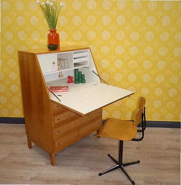 70er Jahre Sekretär RATTAN helles Holz elegant&stabil vintage retro Schreibtisch
