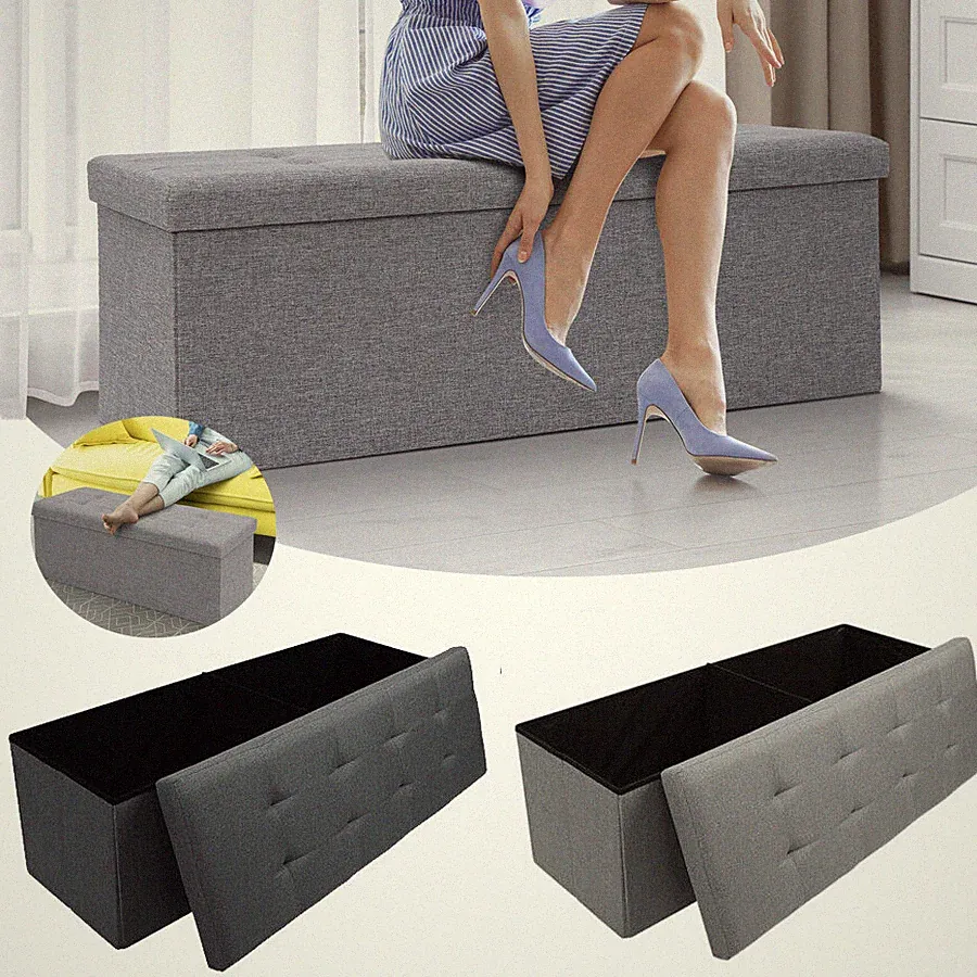 76/110cm Sitzhocker Sitzbank mit Stauraum Truhe Aufbewahrungsbox faltbar Leinen