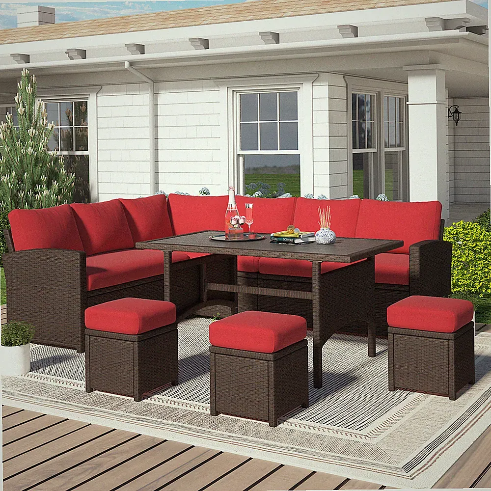 7tlg Rattan Gartenmöbel Set für 9-10 Personen Allwetter Lounge Esstisch Hocker