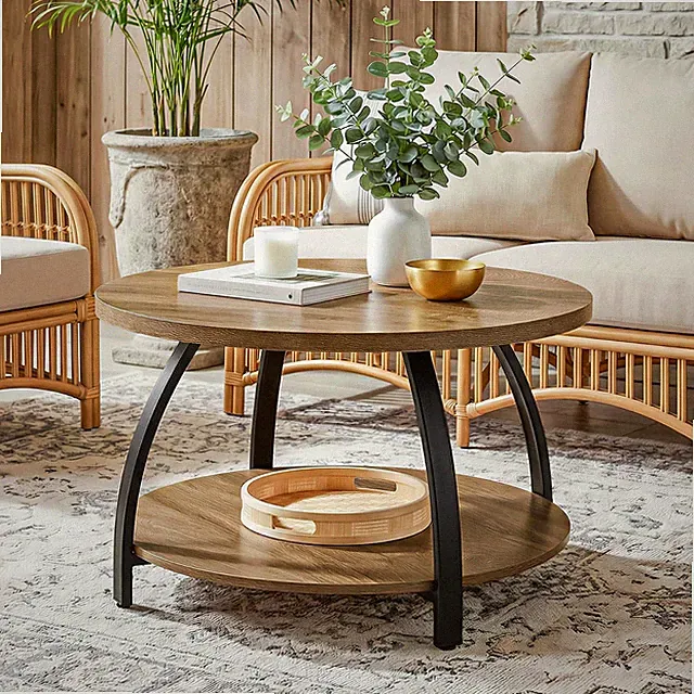 80CM Couchtisch Rund, Wohnzimmertisch Sofatisch mit 2-Stöckigen Ablageböden