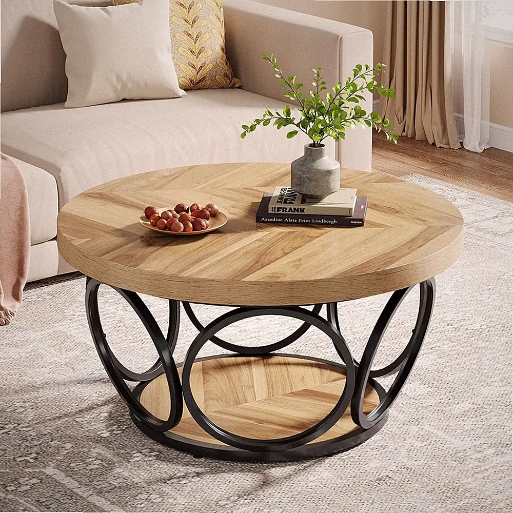 80cm Runder Couchtisch Bauernhaus Holz Mitteltisch mit Stauraum für Wohnzimmer