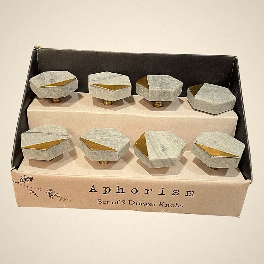 8x Marmor Möbelknöpfe Aphorism Set Hexagon Grau Gold Schubladenknöpfe Griffe Neu