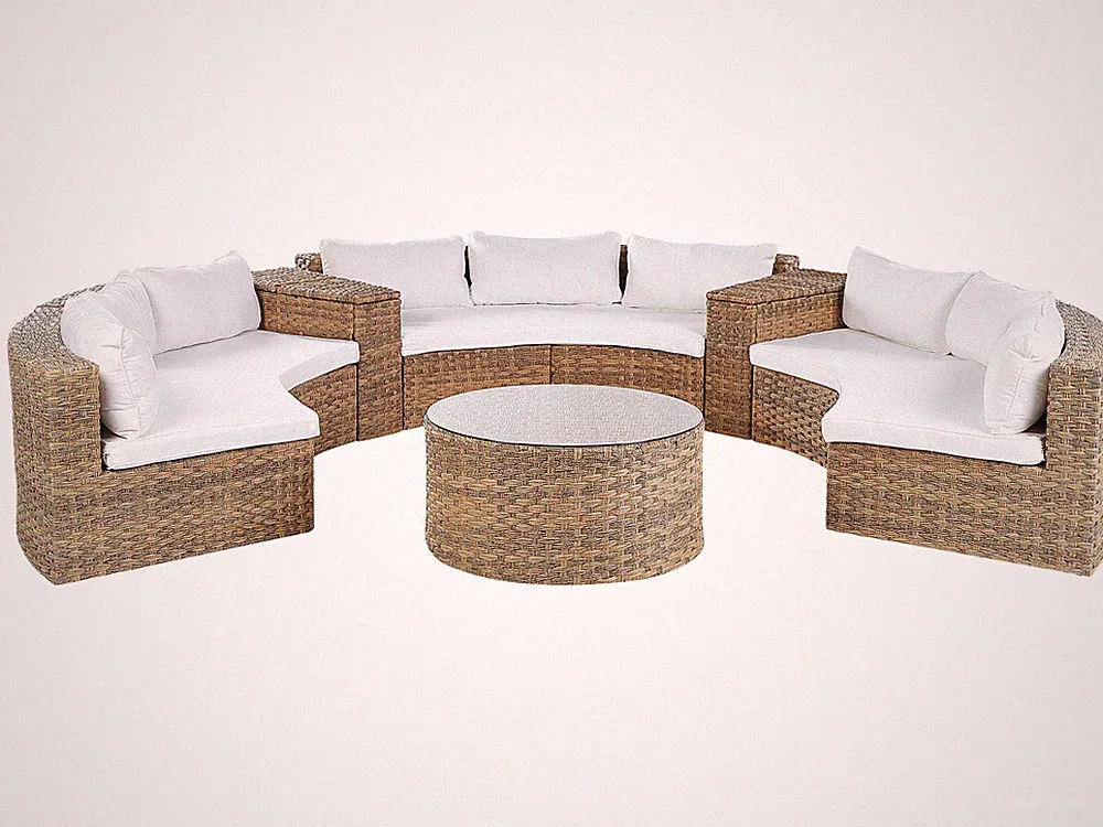 9-Sitzer Lounge Set Rattan gold braun rund mit Auflagen weiß Couchtisch Severo