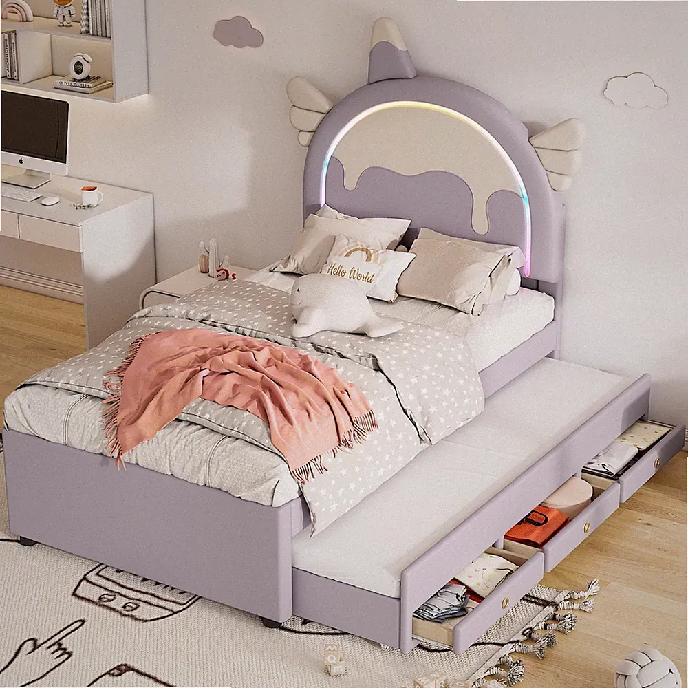 90*200cm Kinderbett Einhornform Violett mit ausziehbarem Rollbett PU Material