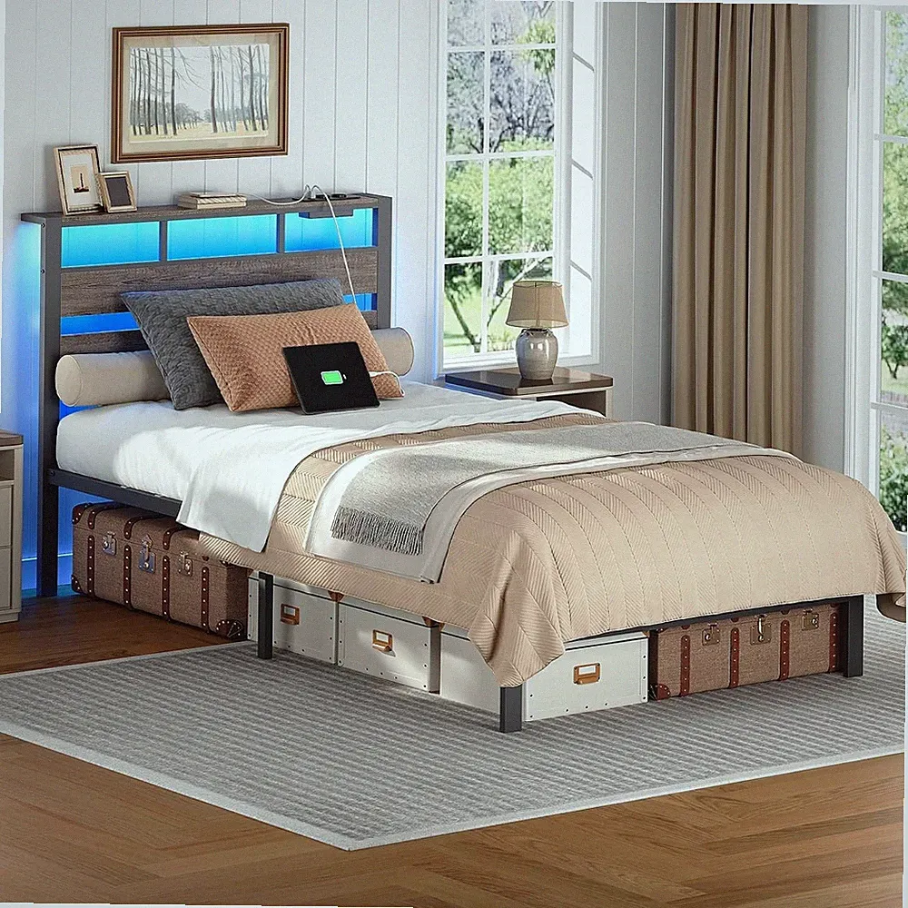 90 x 200 mit Lattenrost Doppelbett mit Kopfteil LED-Beleuchtung Bettgestell