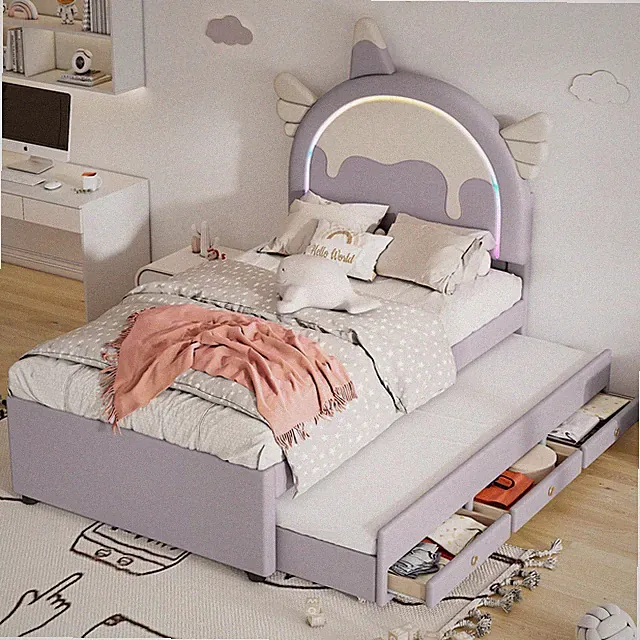 90x200 cm Einhorn Kinderbett mit ausziehbares Rollbett PU Violett