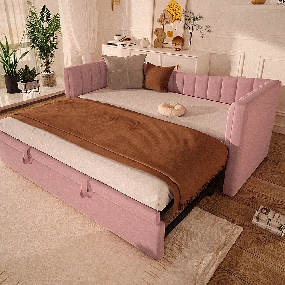 90x200 cm Polsterbett Ziehbett Sofabett Samt Rosa minimalistisch