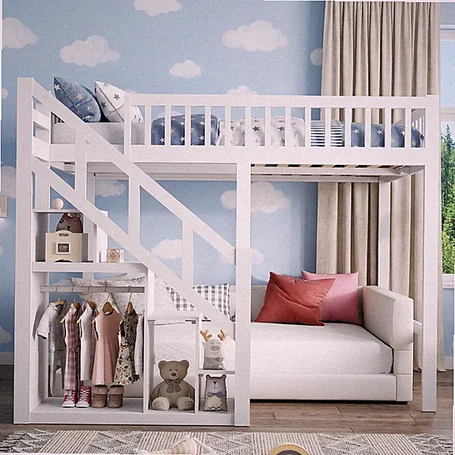 90x200 Hochbett Etagenbett Kinderbett Stockbett Massiv mit Stufenleiter Staufach