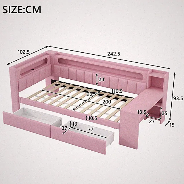 90x200cm Tagesbett mit Schreibtisch, 2 Schubladen, LED Schlafsofa Polsterbett