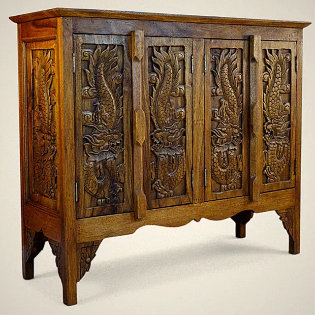 Akazie Massivholz Schrank Schnitzerei Drachen Thailand Kommode Sideboard Natur