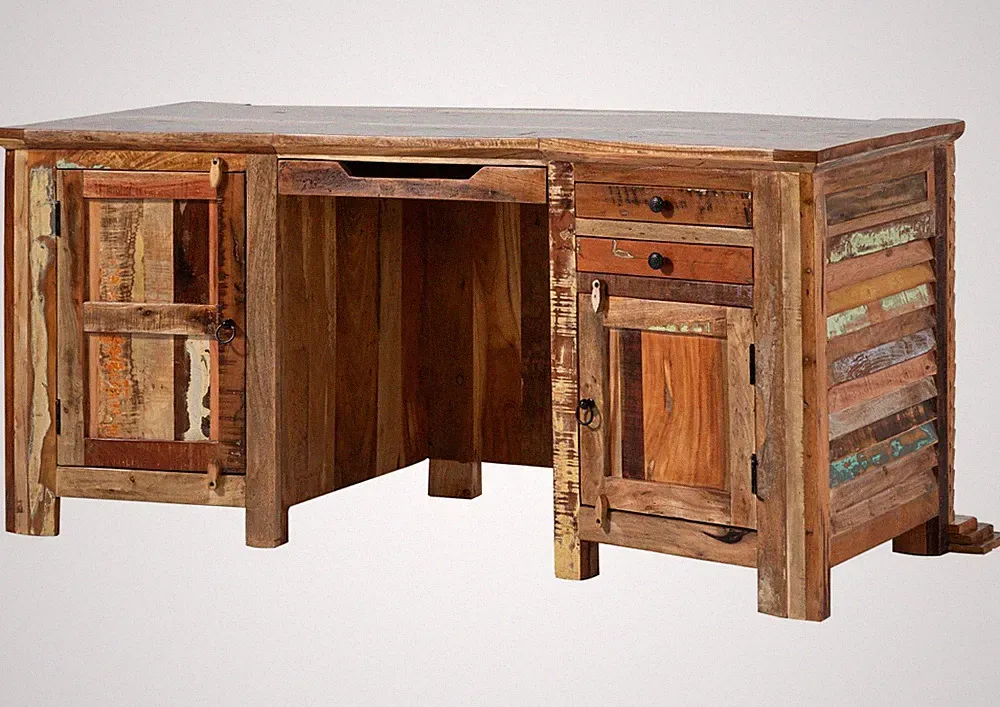 Altholz Vintage Schreibtisch mehrfarbig Unikat groß 3 Fächer 3 Schubladen massiv