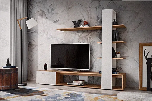 Anbauwand Kleine Wohnwand Schrankwand Evo Weiss Wotan mit Regalen Eco 21