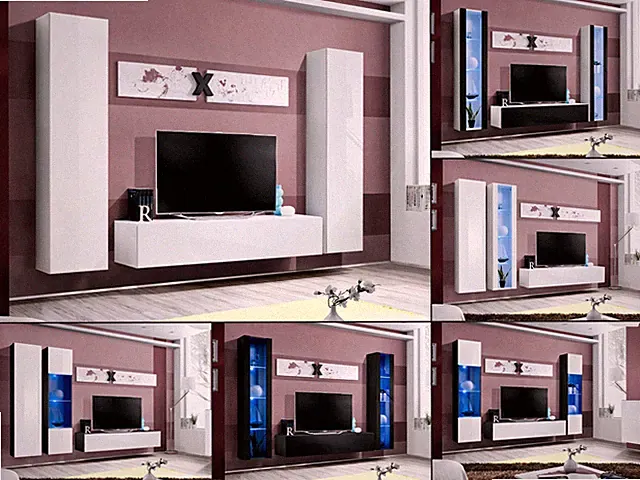 Anbauwand Wohnwand Wohnzimmer Schrankwand AIR A mit Hochglanz Led Beleuchtung