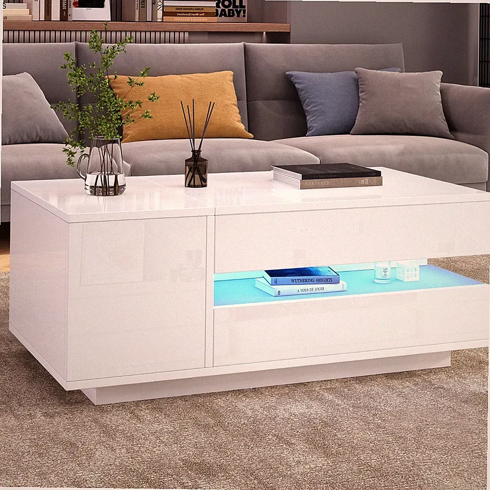 Anhebbarer Lift Couchtisch Sofatisch Beistelltisch mit LED Beleuchtung Schublade