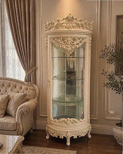 Antik Französischer Stil Barock Eckvitrine Creme