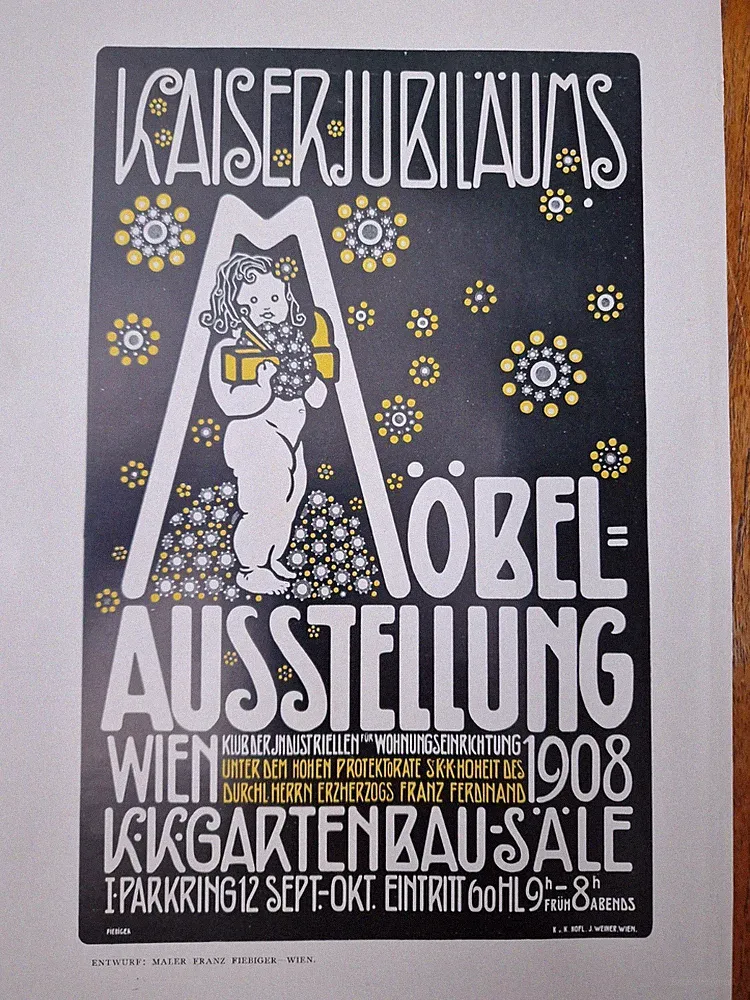 antik Plakat 1908 Kaiser Jubiläums Möbel-Ausstellung Wien Franz Fiebiger