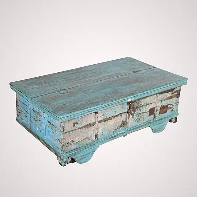 Antike blaue Patina Surti Couchtisch Truhe - indische Teak Truhe mit Rollen