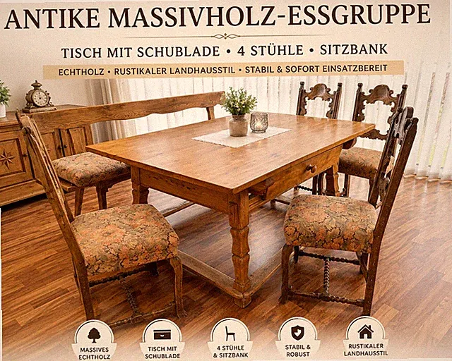 Antike Essgruppe Tisch mit Lade, 4 Stühlen & Bank Echtholz Esstisch Landhaus