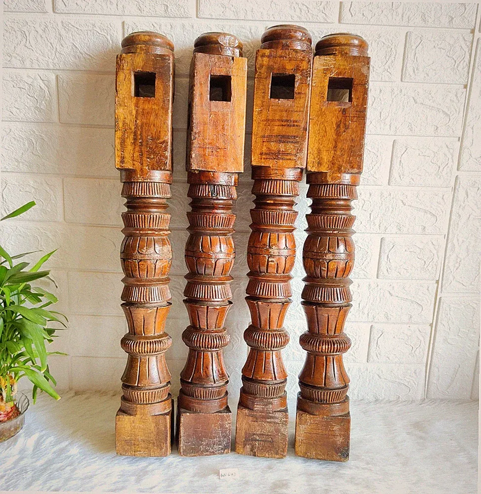Antike Primitiv Handgefertigte Holz Ethno Boho Bettbeine Möbel 4Pcs WN643